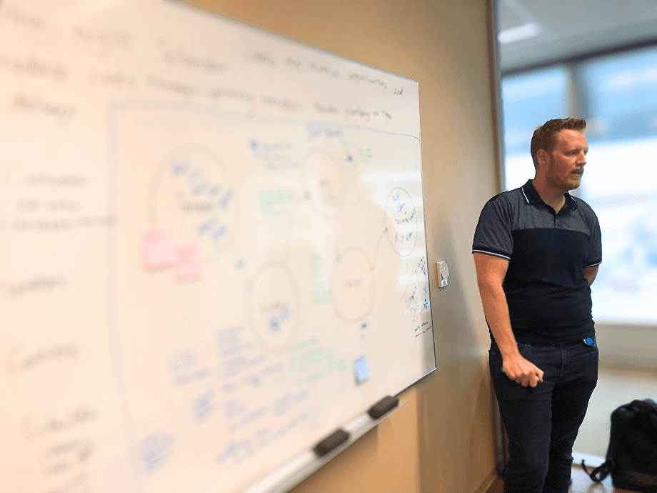 Workshop facilitation in progress, mapping a process at the whiteboard