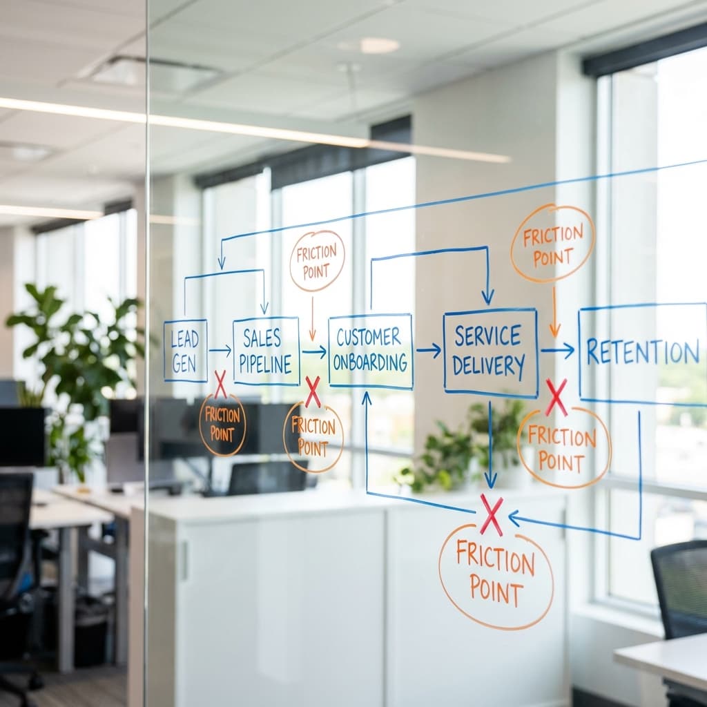 Strategic whiteboarding session showing process mapping